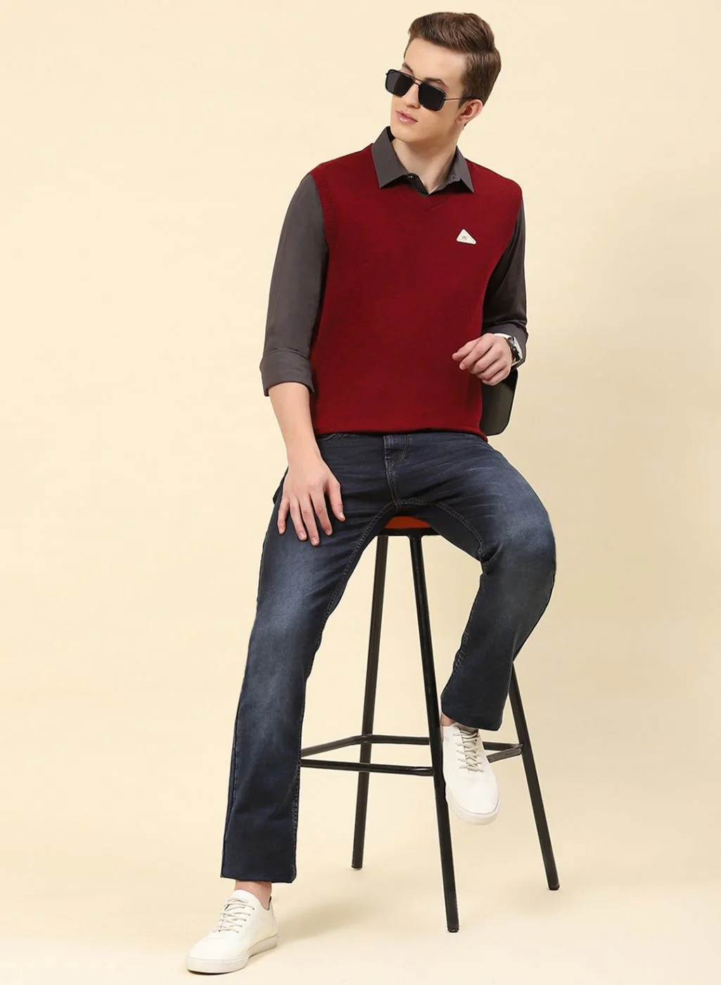 Men Red Solid Blend wool Sweater