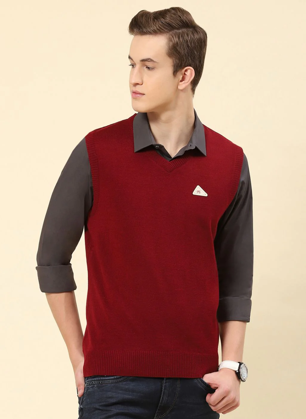Men Red Solid Blend wool Sweater - Image 2