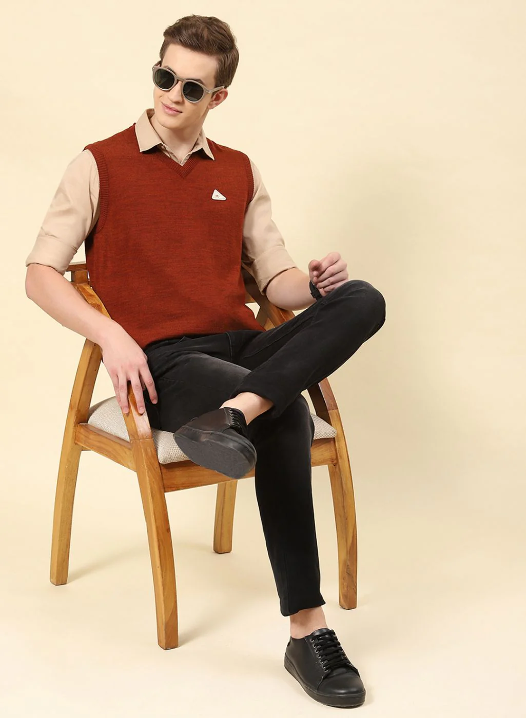 Men Rust Orange Solid Blend wool Sweater