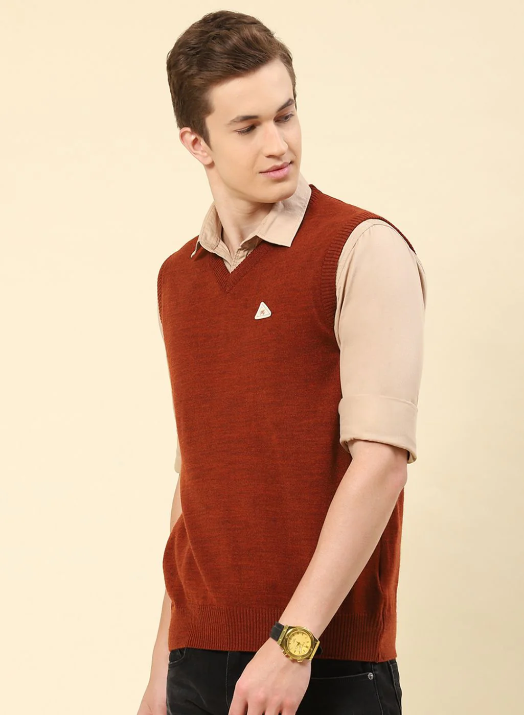 Men Rust Orange Solid Blend wool Sweater - Image 3