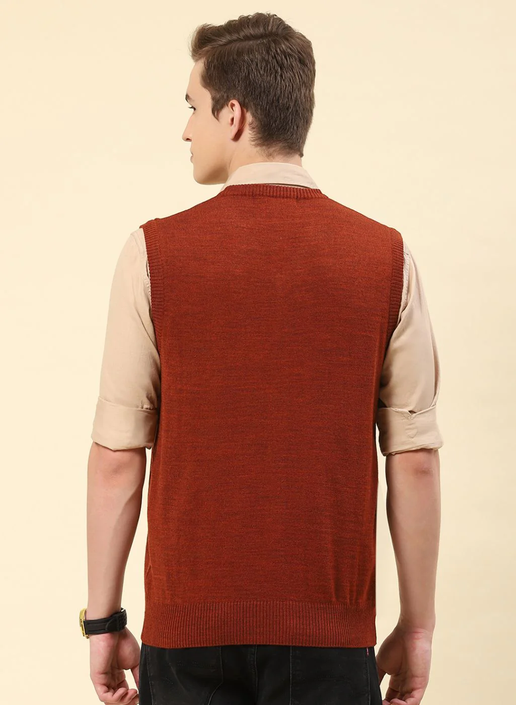 Men Rust Orange Solid Blend wool Sweater - Image 5
