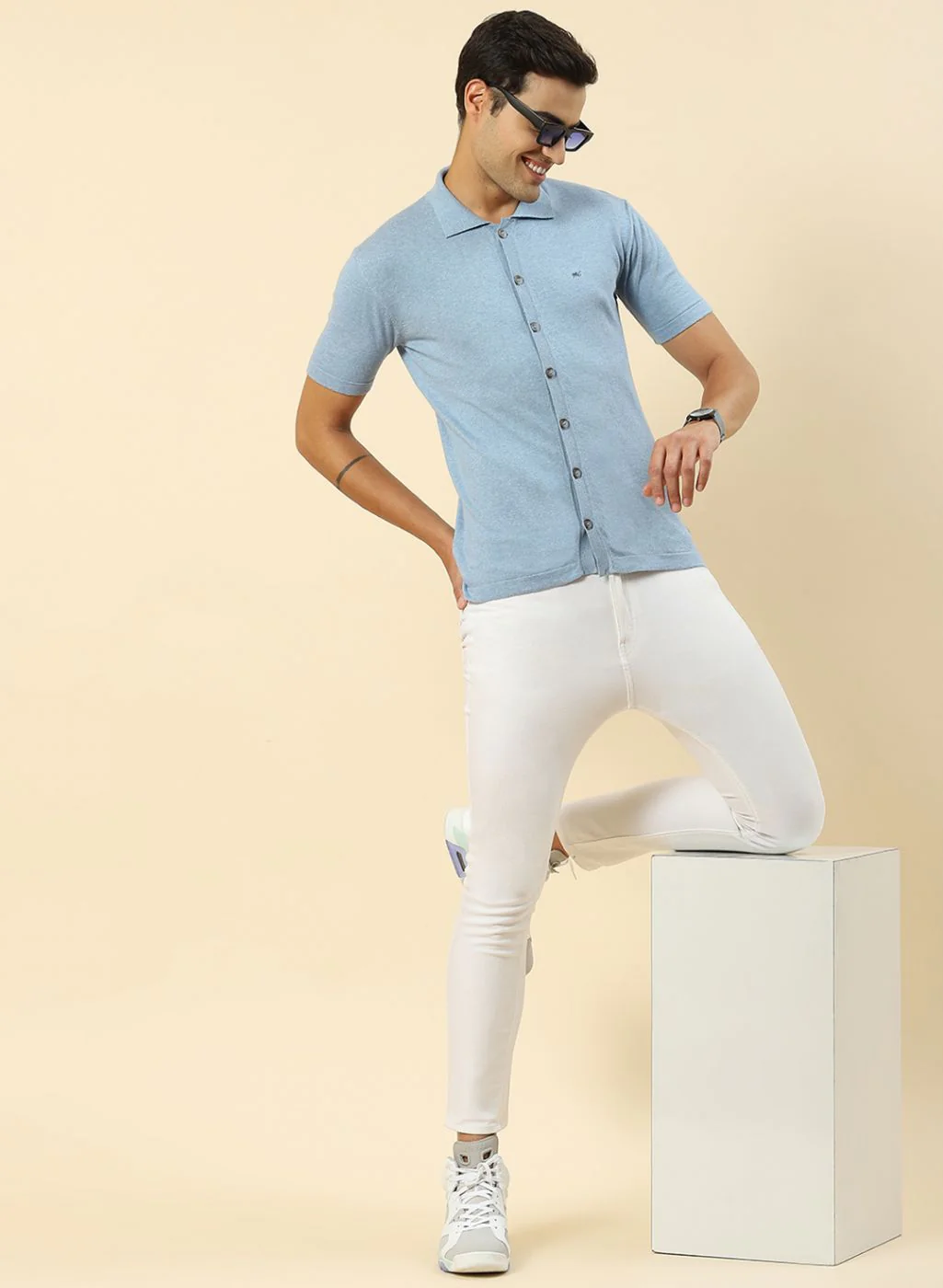 Men Sky Blue Plain T-Shirt - Image 2
