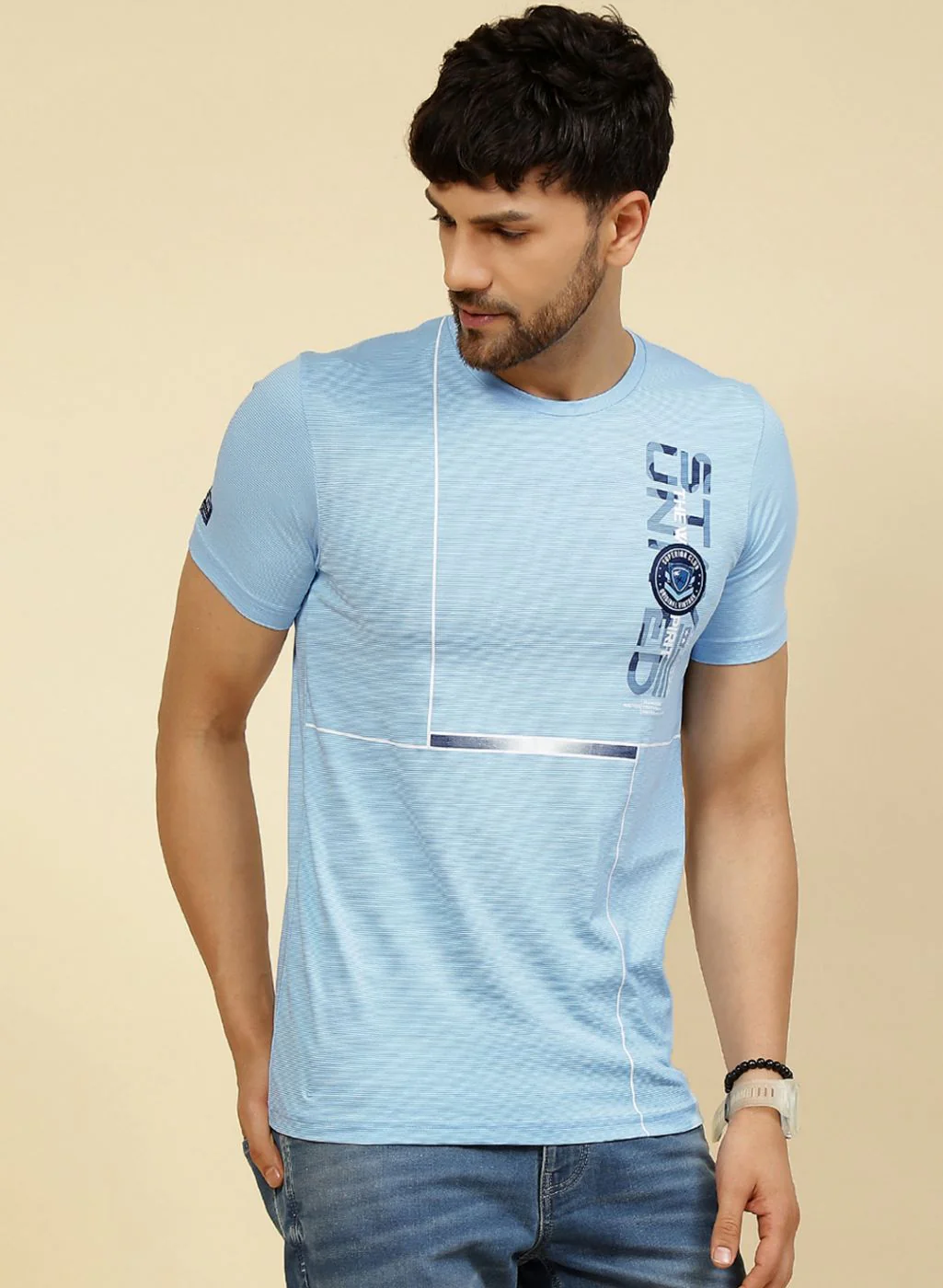 Men Sky Blue Printed T-Shirt - Image 4