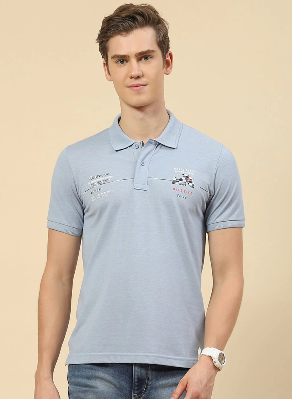 Men Sky Blue Printed T-Shirt - Image 2
