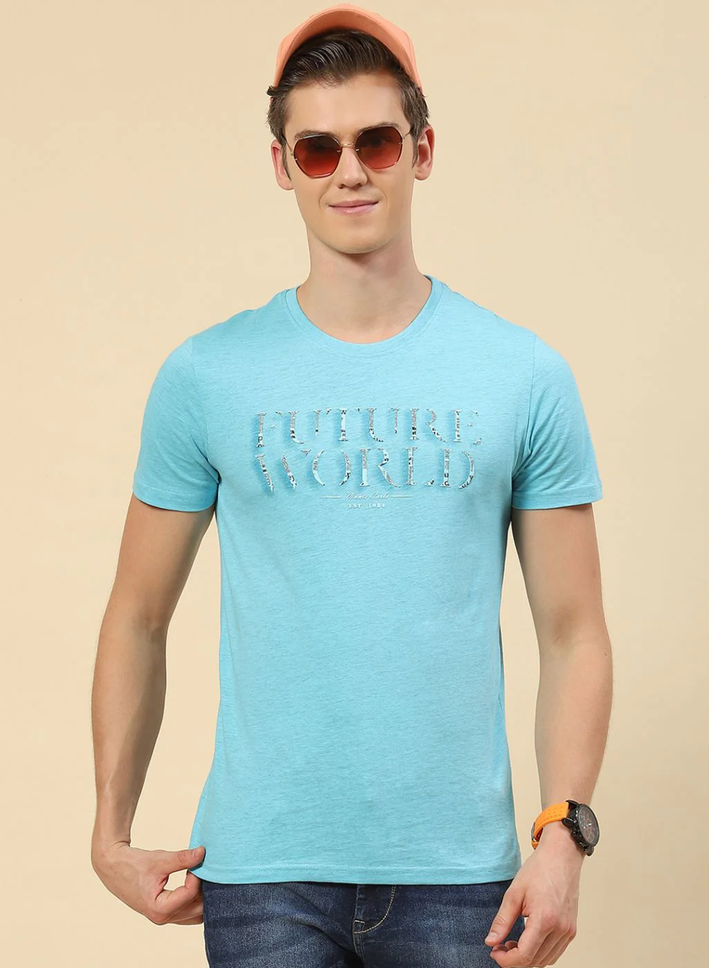 Men Sky Blue Printed T-Shirt - Image 2