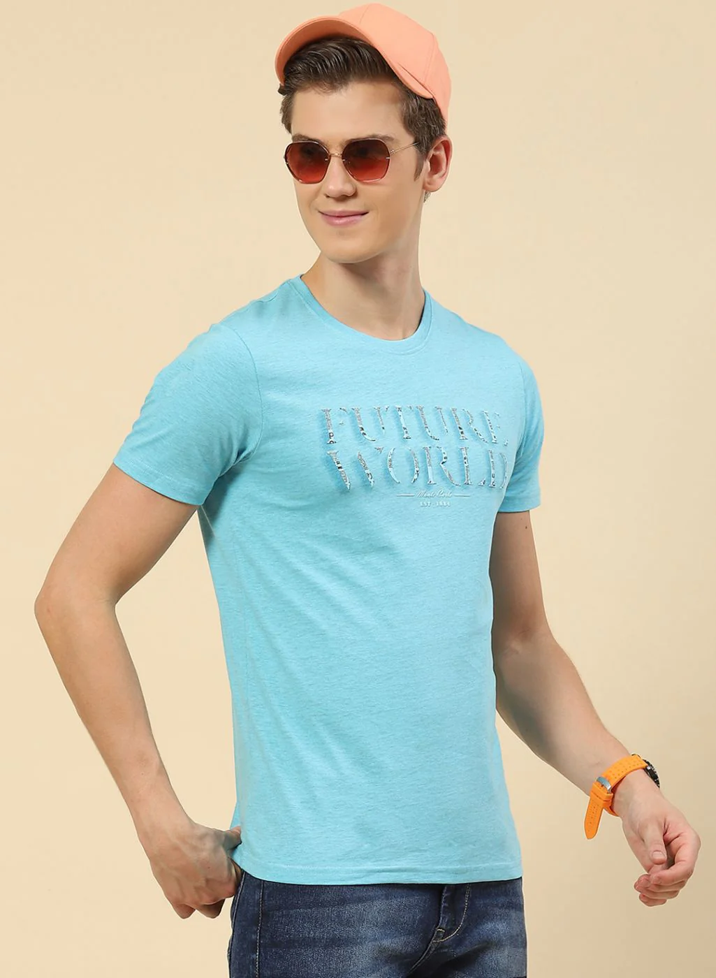 Men Sky Blue Printed T-Shirt - Image 4