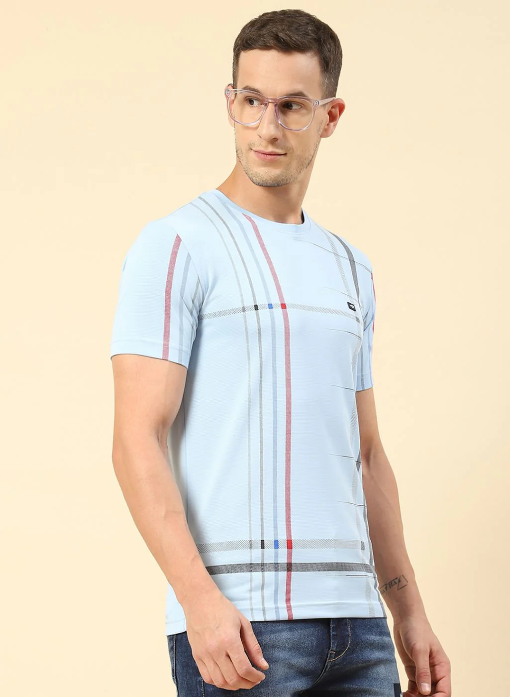 Men Sky Blue Printed T-Shirt - Image 4