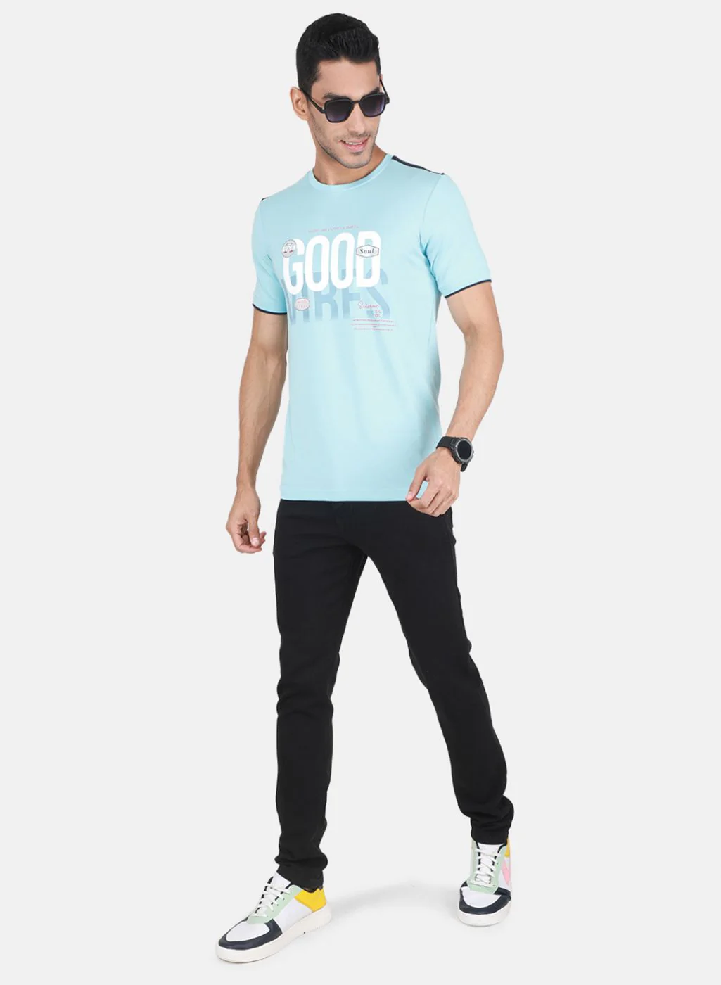 Men Sky Blue Printed T-Shirt - Image 4