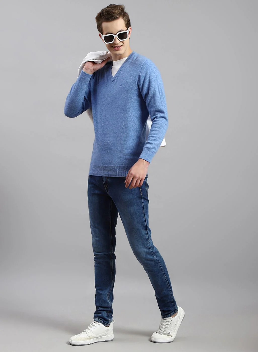 Men Sky Blue Solid Lamb wool Pullover