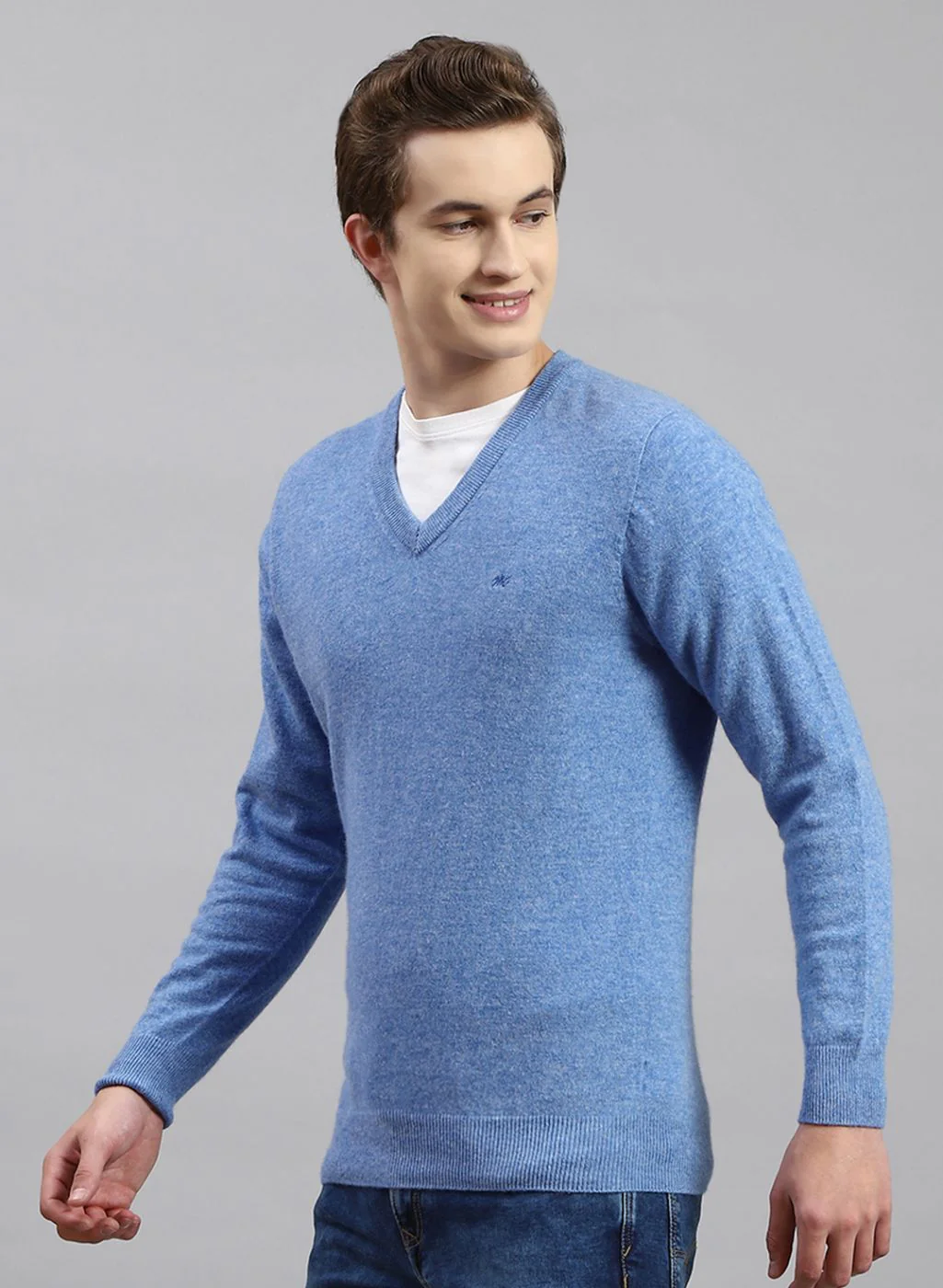 Men Sky Blue Solid Lamb wool Pullover - Image 3
