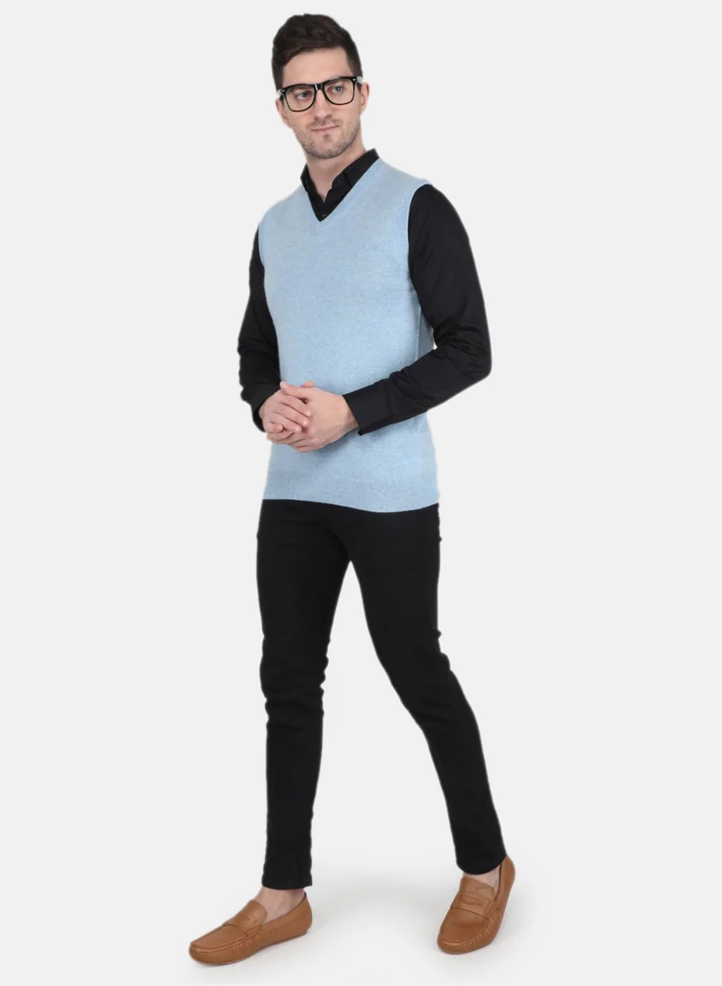 Men Sky Blue Solid Sweater - Image 4