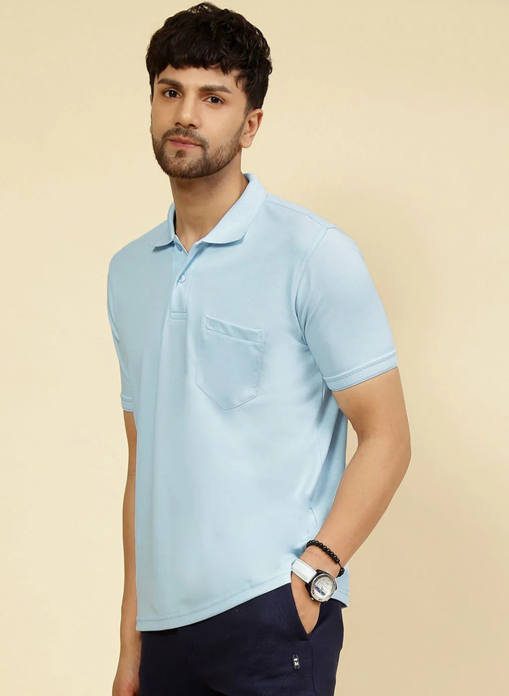 Men Sky Blue Solid T-Shirt - Image 3