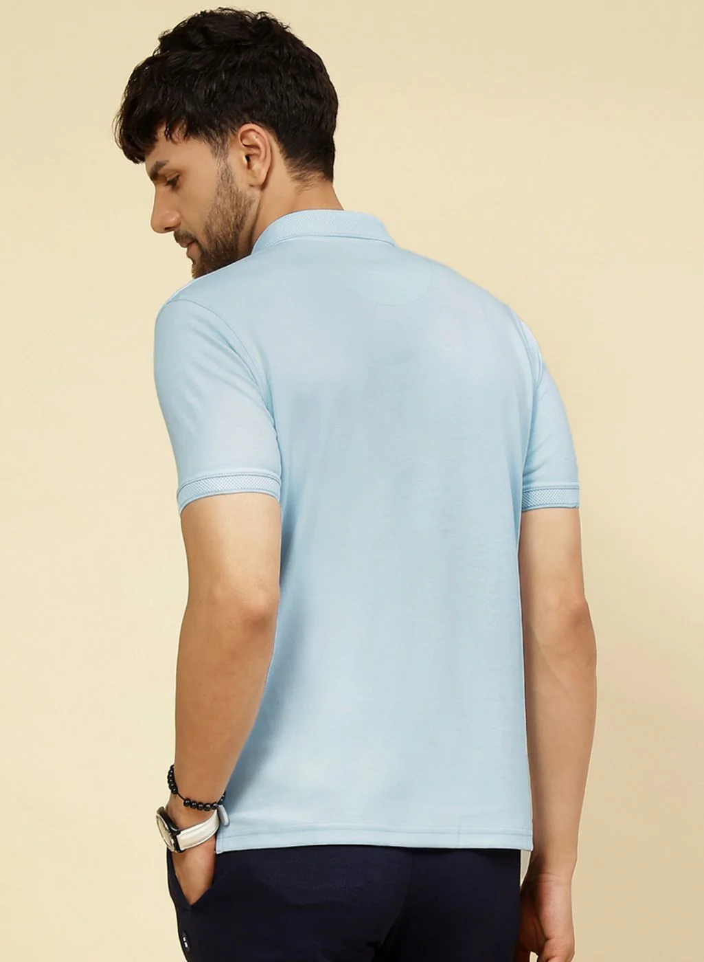 Men Sky Blue Solid T-Shirt - Image 5