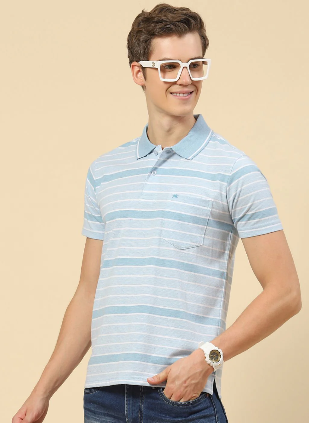 Men Sky Blue Stripe T-Shirt - Image 3