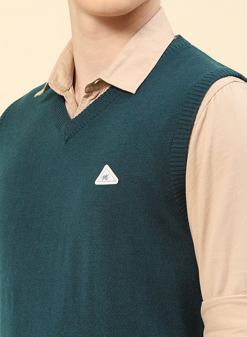 Men Teal Blue Solid Blend wool Sweater - Image 3