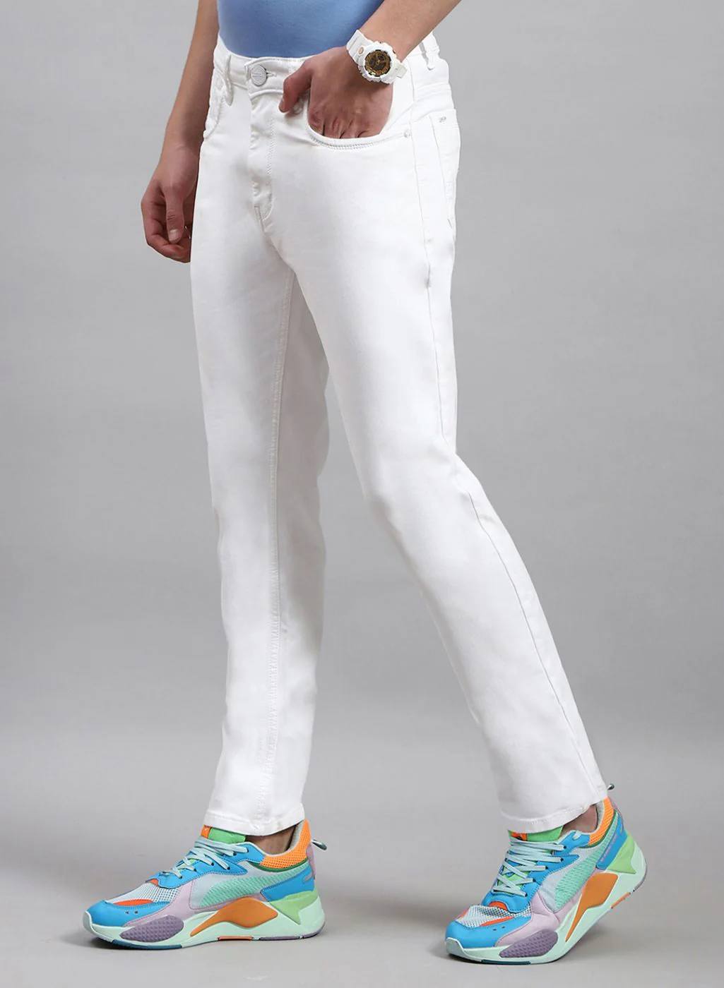 Men White NArrow Fit Denim - Image 3