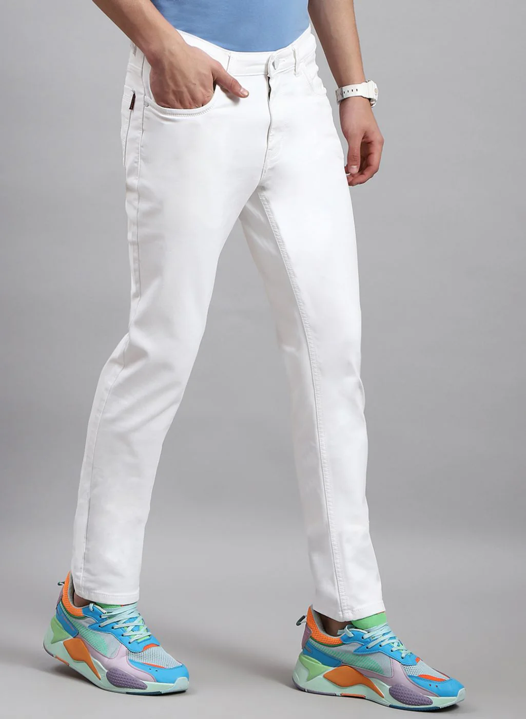 Men White NArrow Fit Denim - Image 4