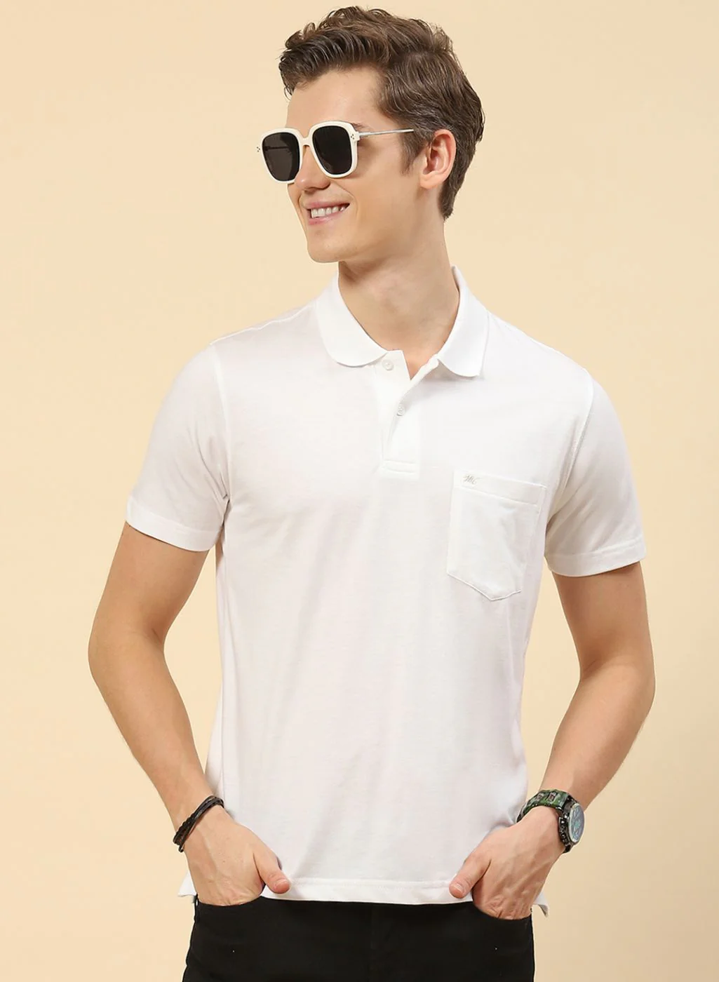 Men White Plain T-Shirt - Image 2