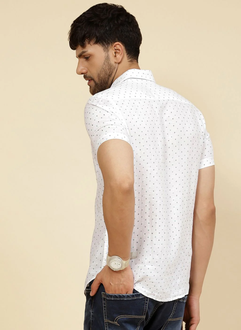 Men White Printed Linen Shirt - Image 5