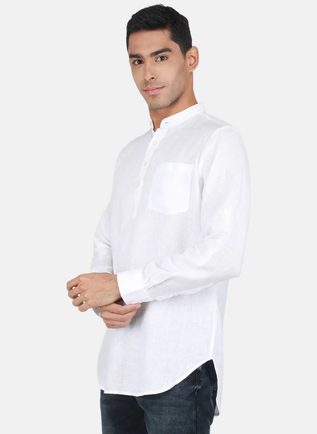 Men White Printed Linen Shirt - Image 2