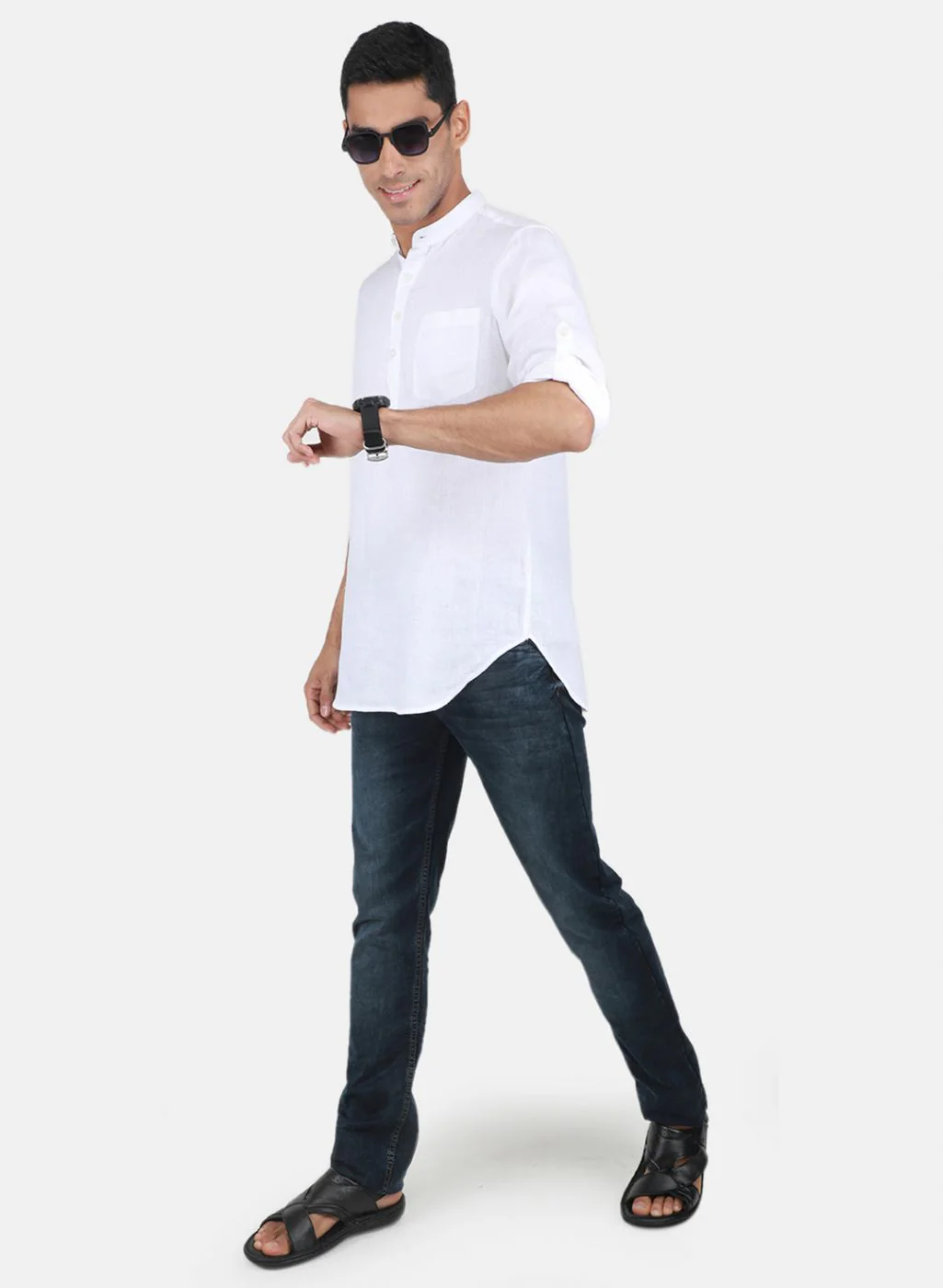 Men White Printed Linen Shirt - Image 4