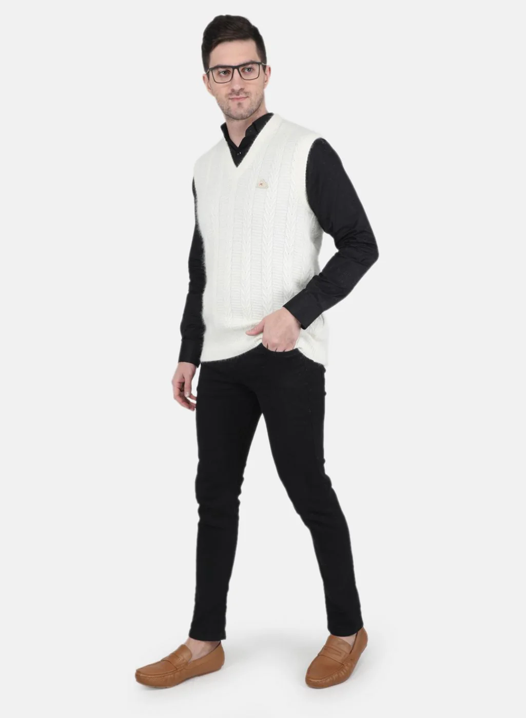 Men White Self Design Sweater - Image 4