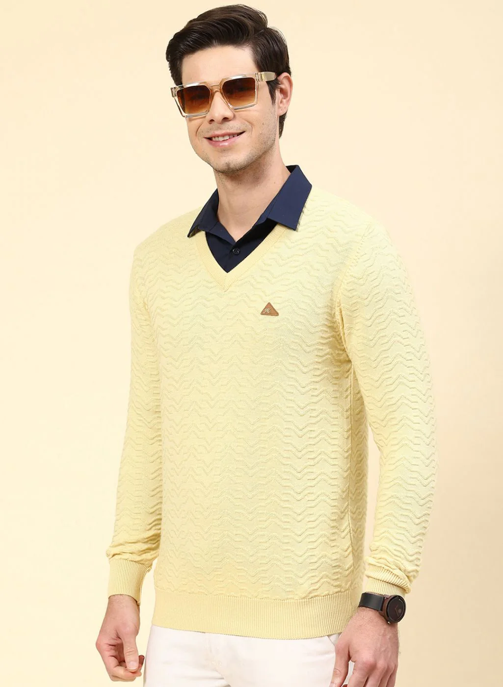Men Yellow Self Design Pure wool Pullover - Image 3