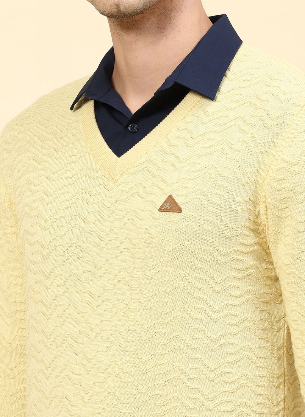 Men Yellow Self Design Pure wool Pullover - Image 6