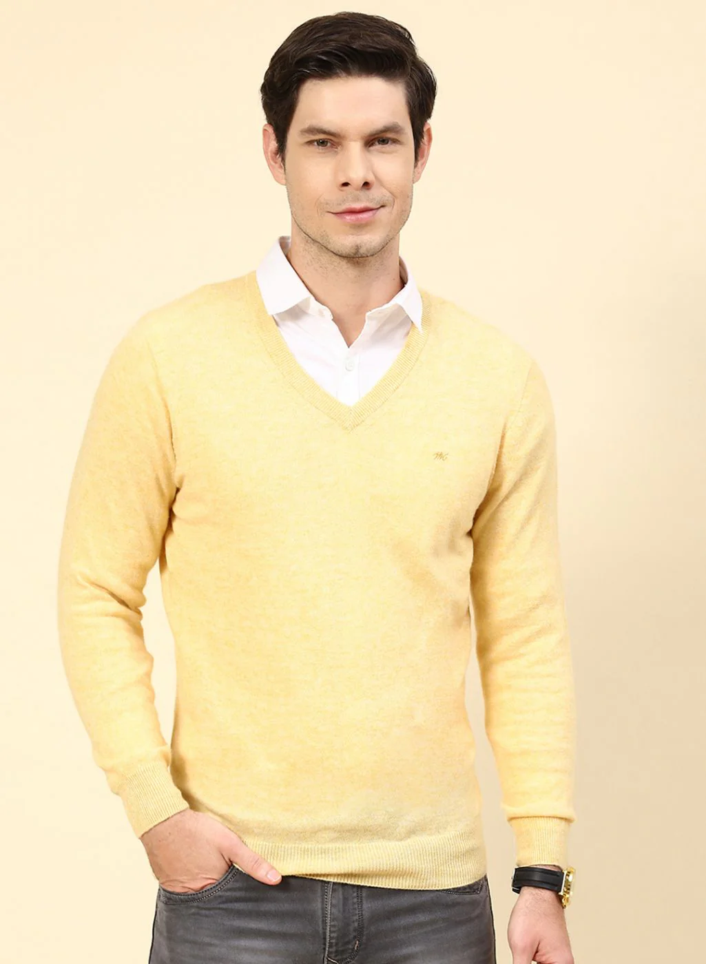 Men Yellow Solid Lamb wool Pullover - Image 2