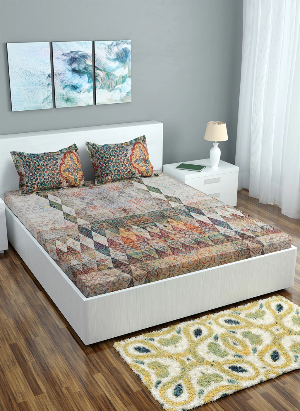 Multi Color 200 TC Bedsheet with 2 Pillow Covers