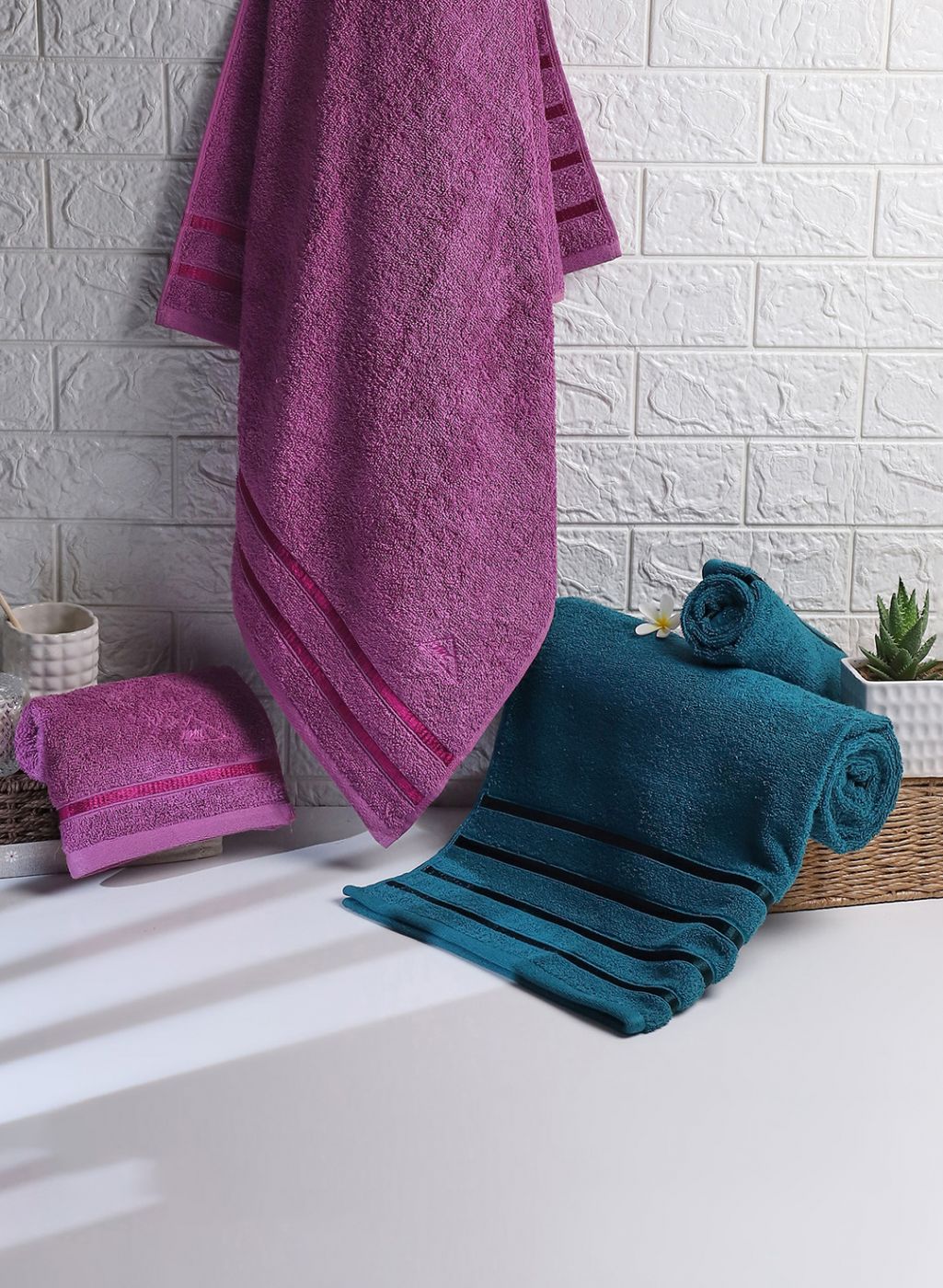 Purple & Teal Blue Cotton 525 GSM Towel Set Pack of 4 (2 Bath & 2 Hand Towels) - Image 2