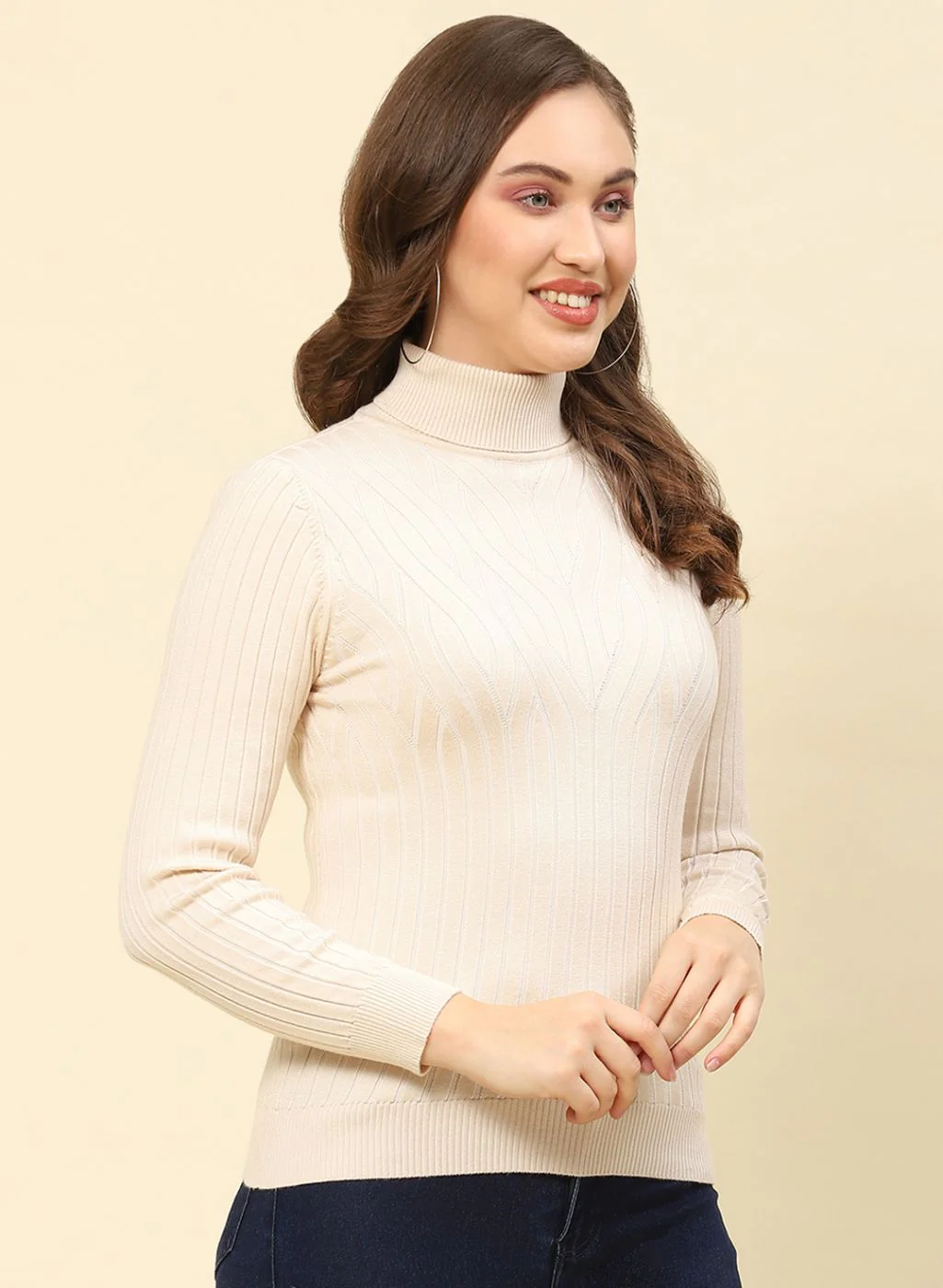 Women Beige Self Design Blend wool Winter Top - Image 4