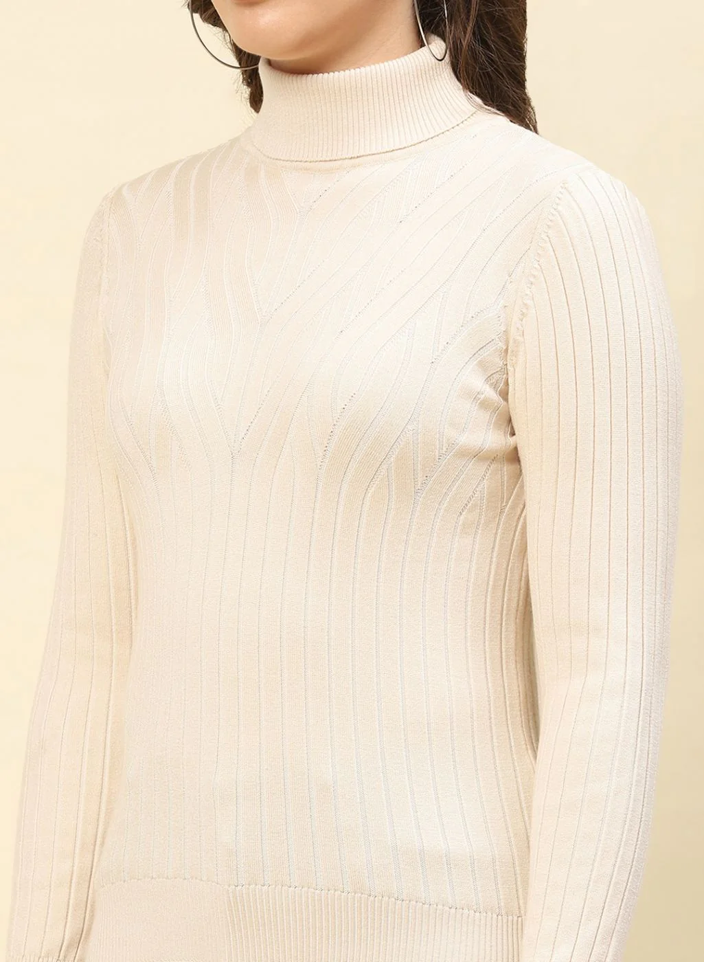 Women Beige Self Design Blend wool Winter Top - Image 6