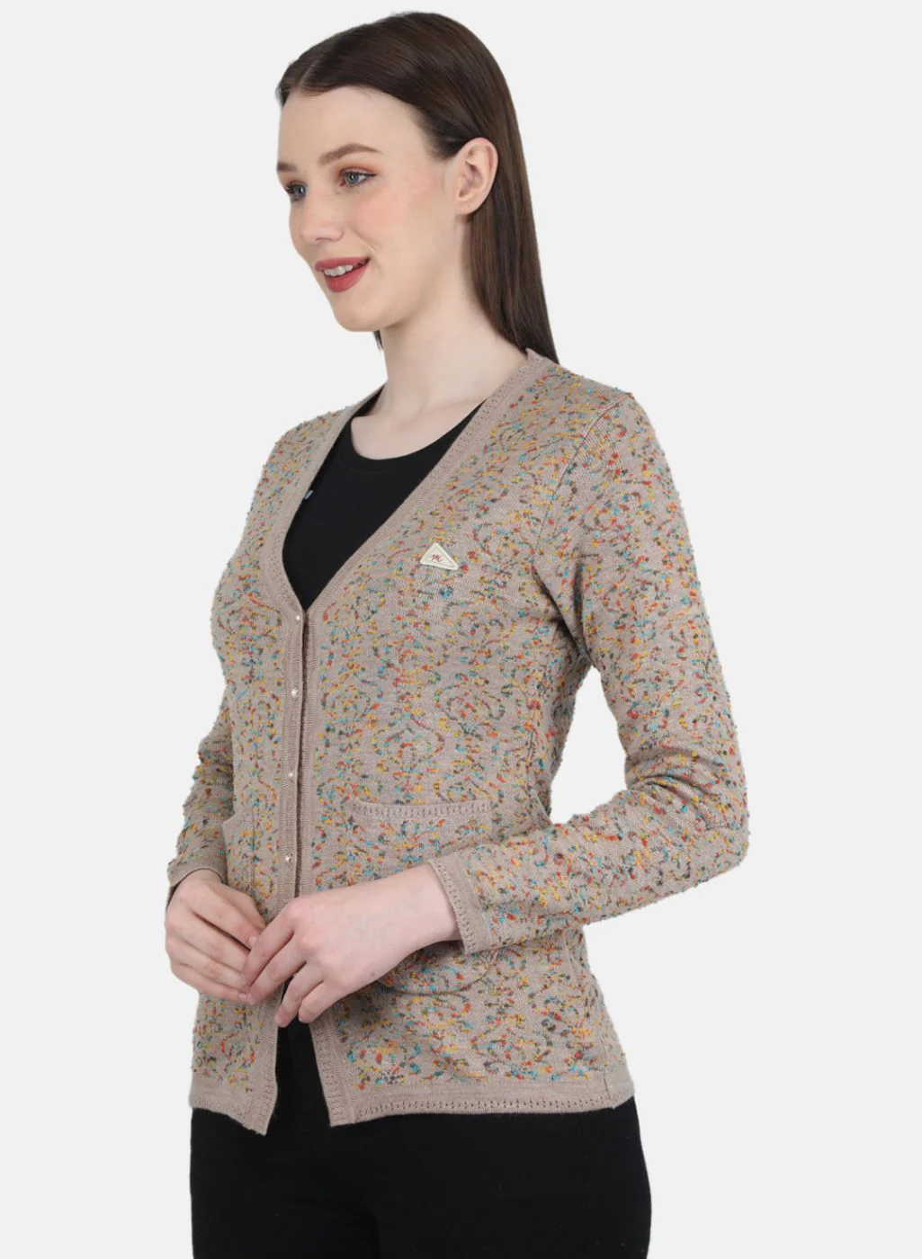Women Beige Self Design Cardigan - Image 2