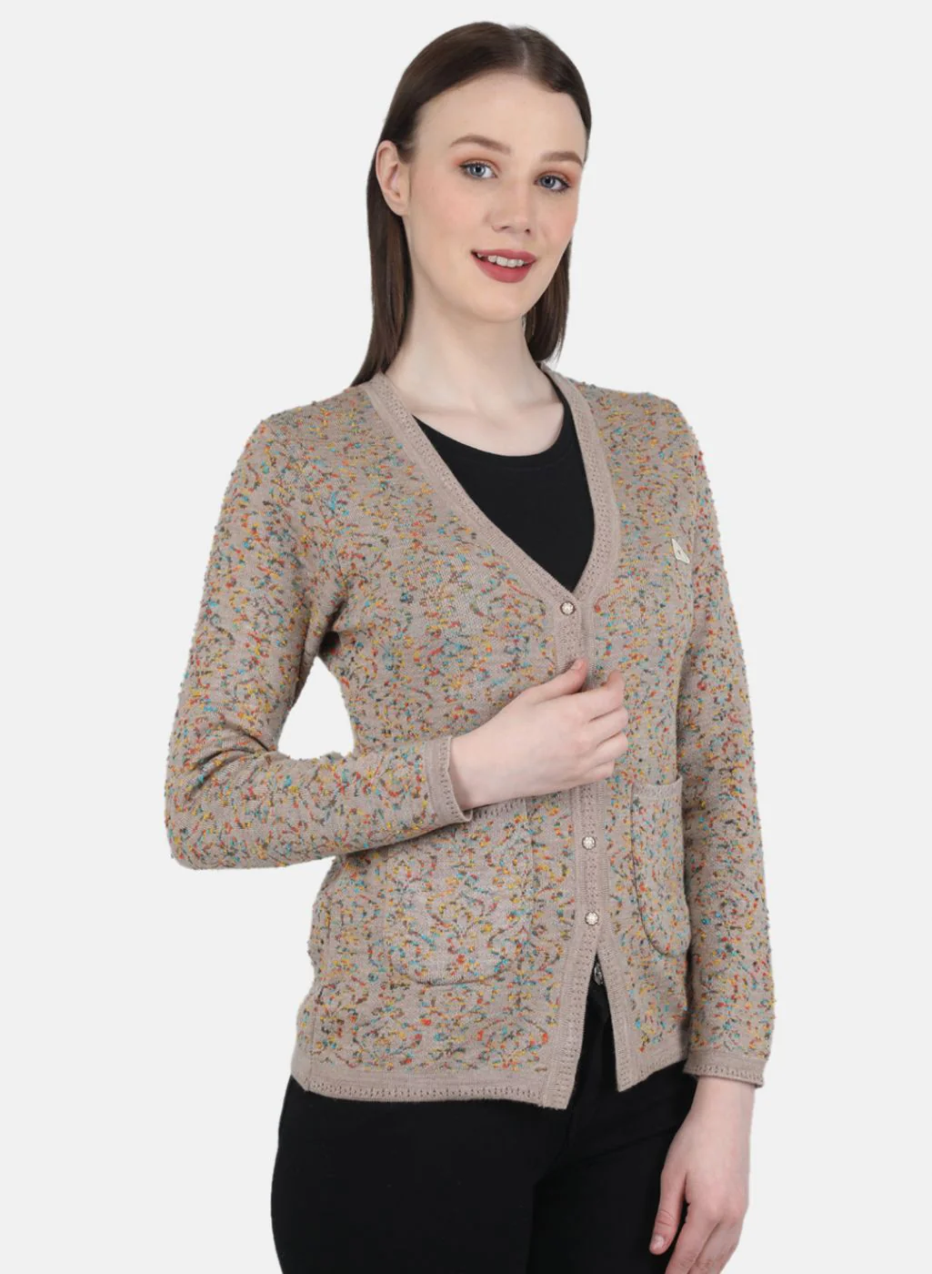 Women Beige Self Design Cardigan - Image 6