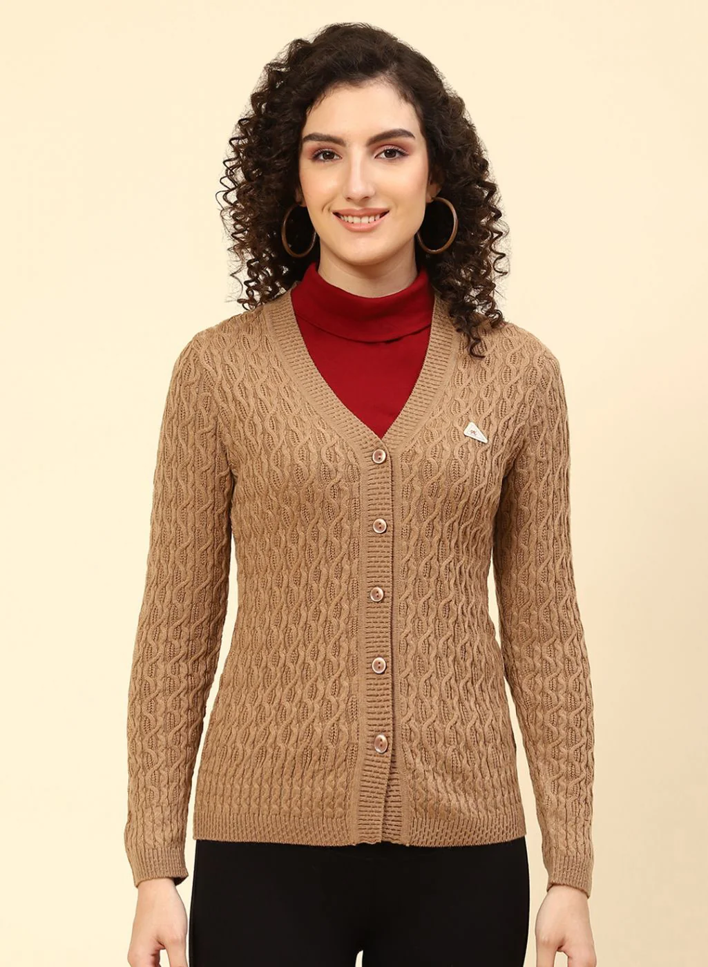 Women Beige Self Design Wool blend Cardigan - Image 2