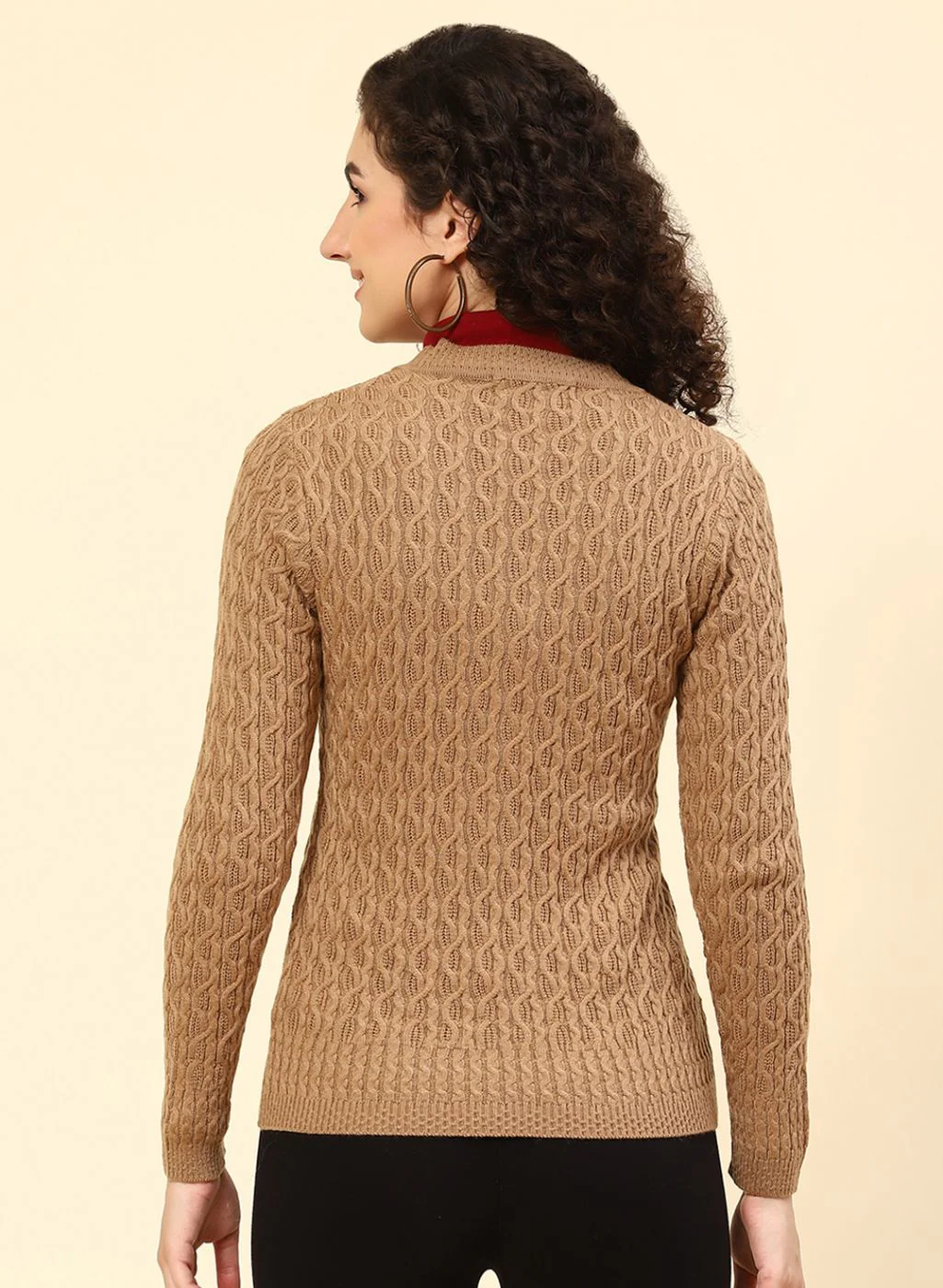 Women Beige Self Design Wool blend Cardigan - Image 5