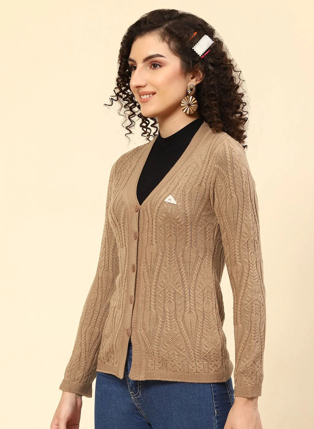 Women Beige Self Design Wool blend Cardigan - Image 3