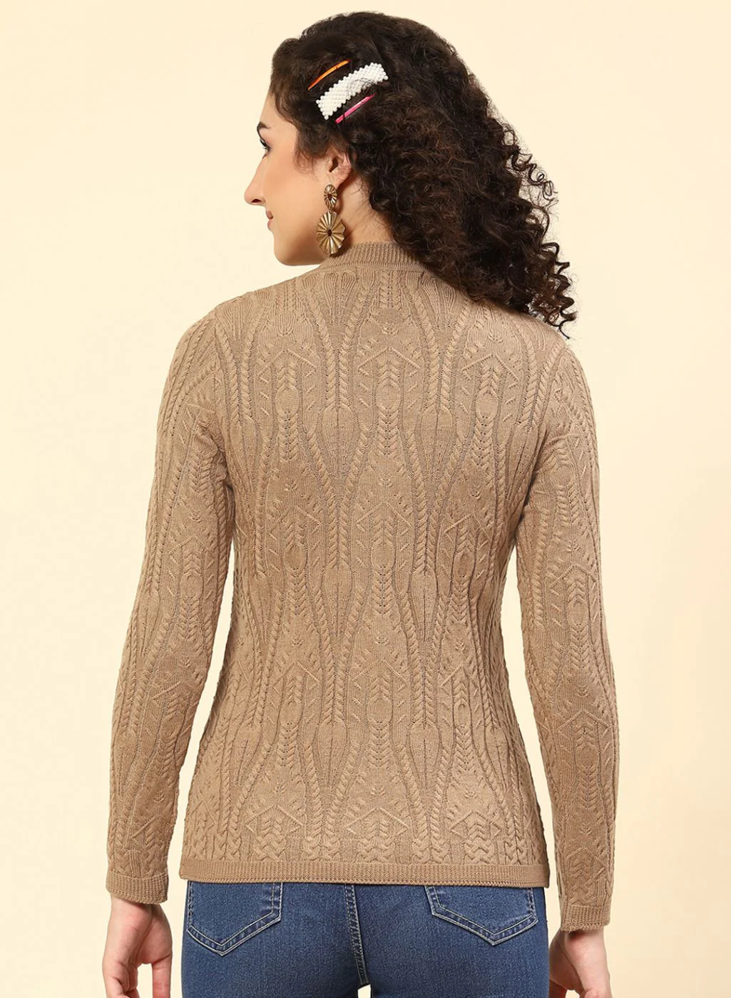 Women Beige Self Design Wool blend Cardigan - Image 5