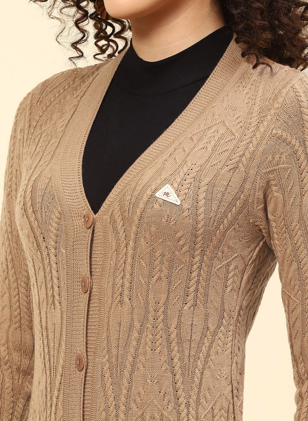 Women Beige Self Design Wool blend Cardigan - Image 6