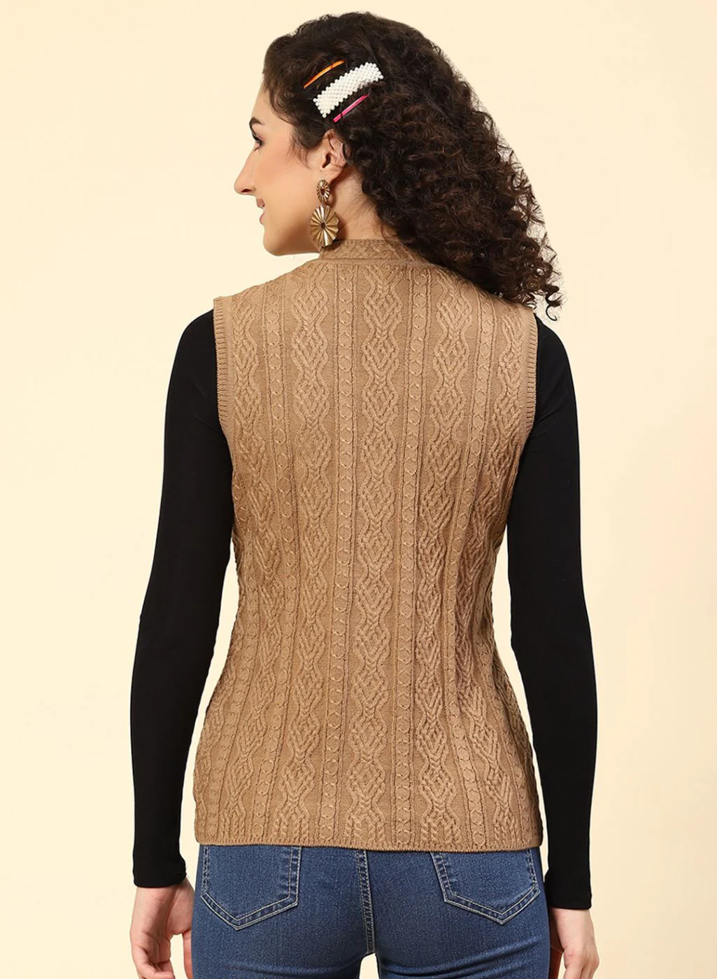 Women Beige Self Design Wool blend Cardigan - Image 5