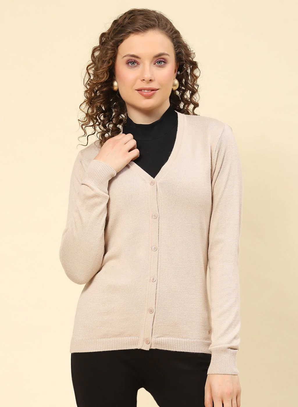 Women Beige Solid Modal Nylone Cardigan - Image 2