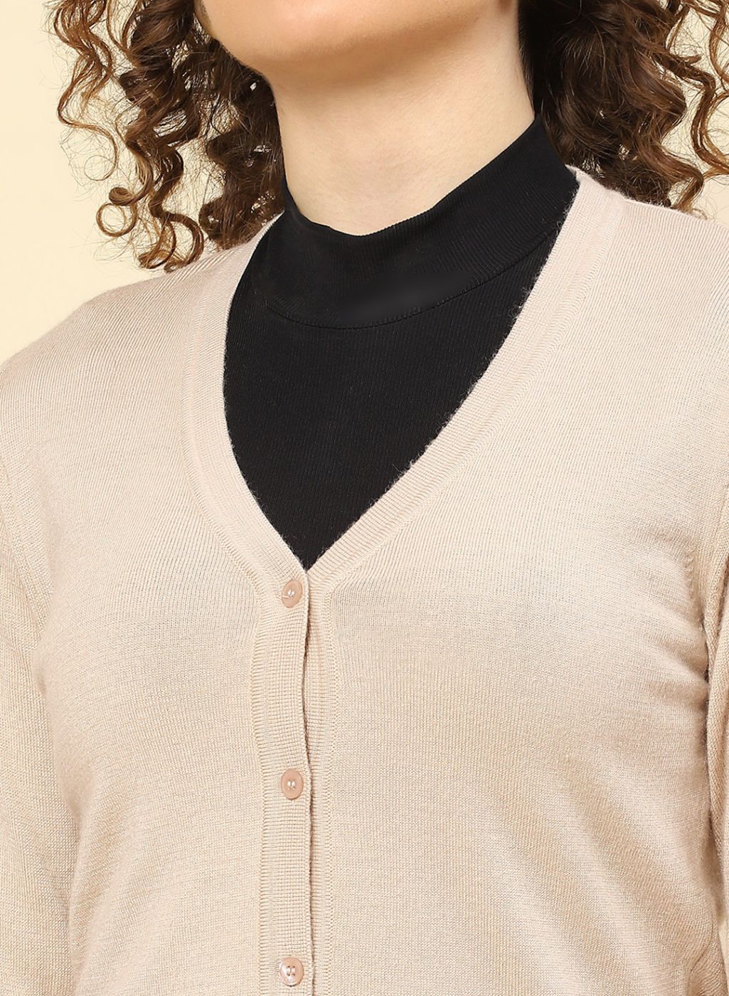 Women Beige Solid Modal Nylone Cardigan - Image 6