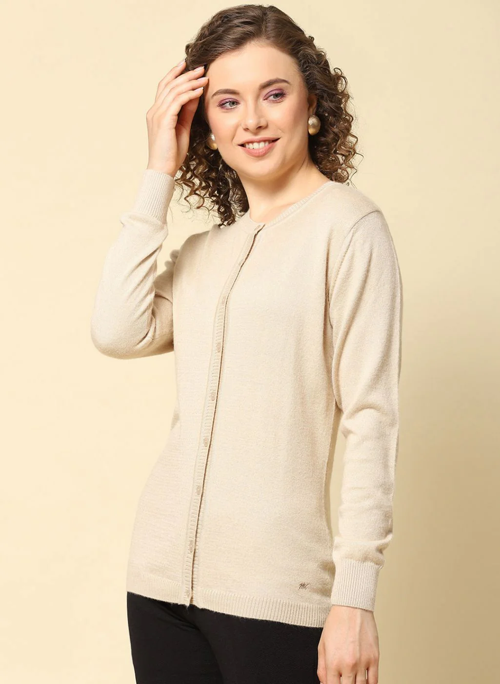 Women Beige Solid Modal Nylone Cardigan - Image 3