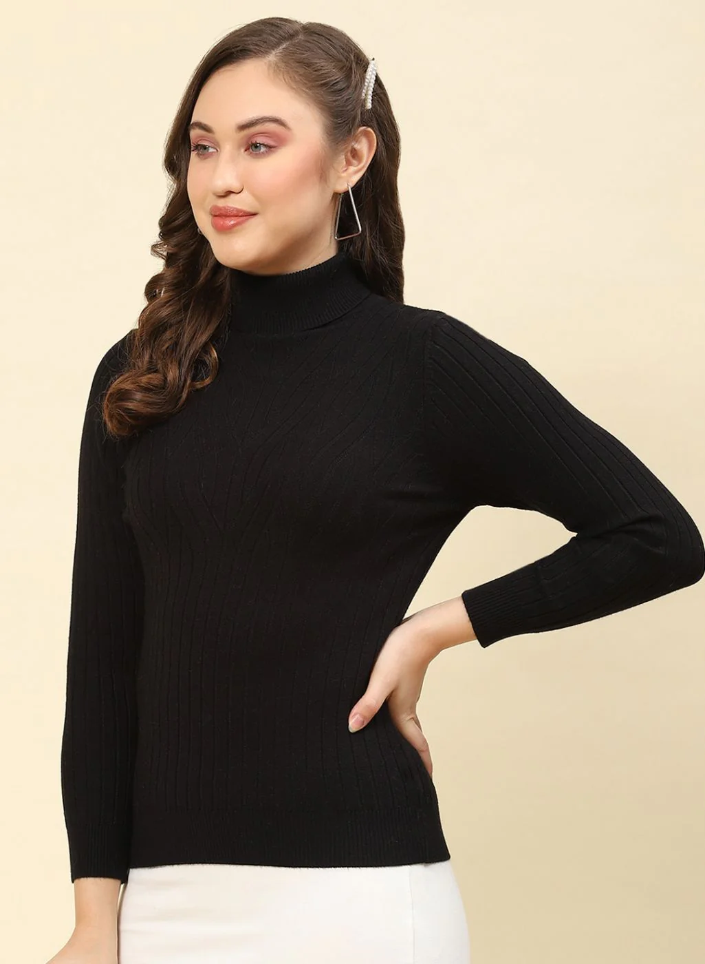 Women Black Self Design Blend wool Winter Top - Image 3