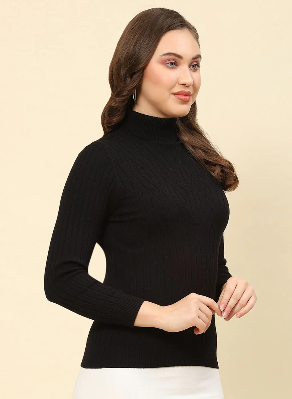 Women Black Self Design Blend wool Winter Top - Image 4