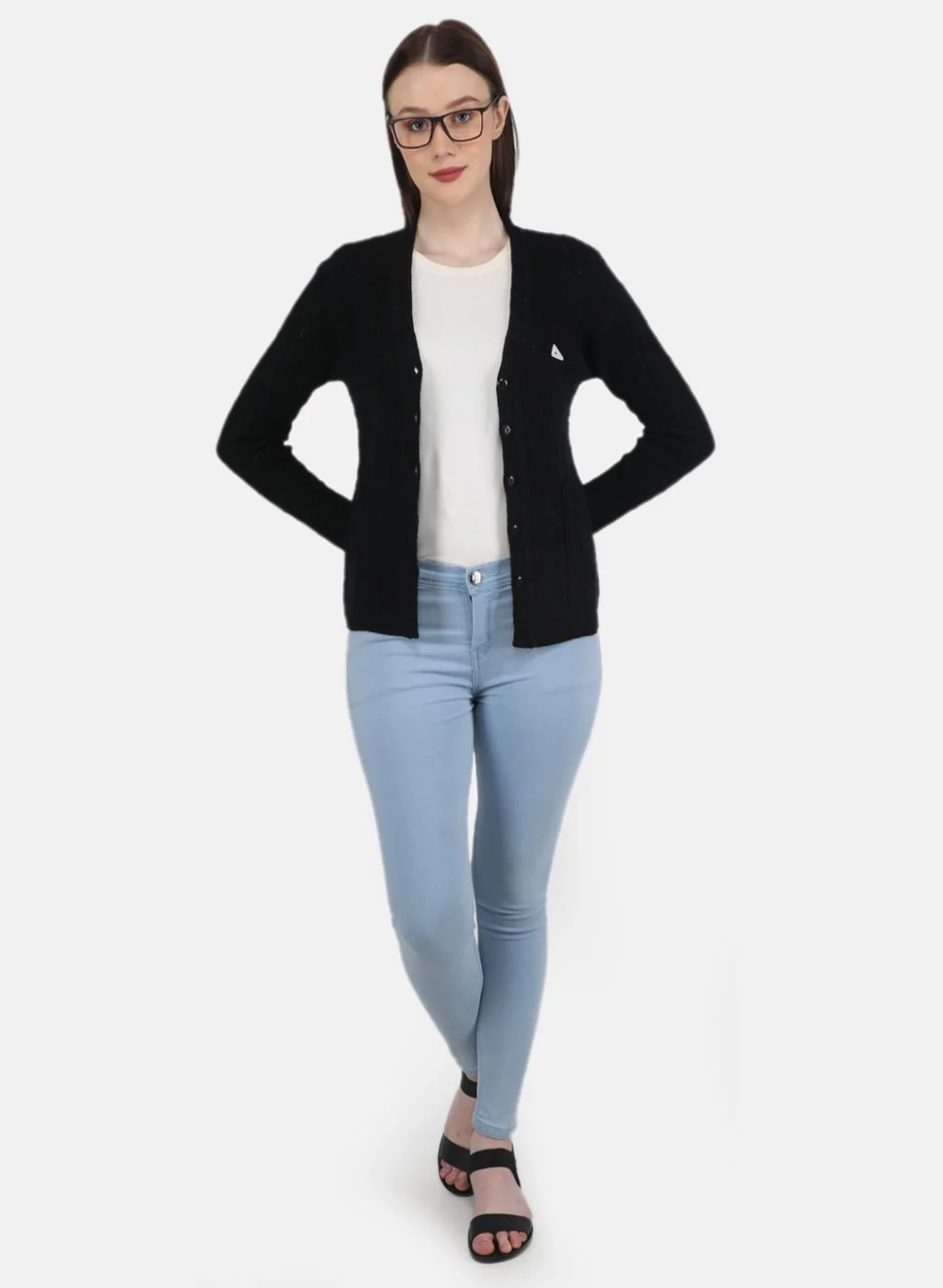 Women Black Self Design Cardigan - Image 4