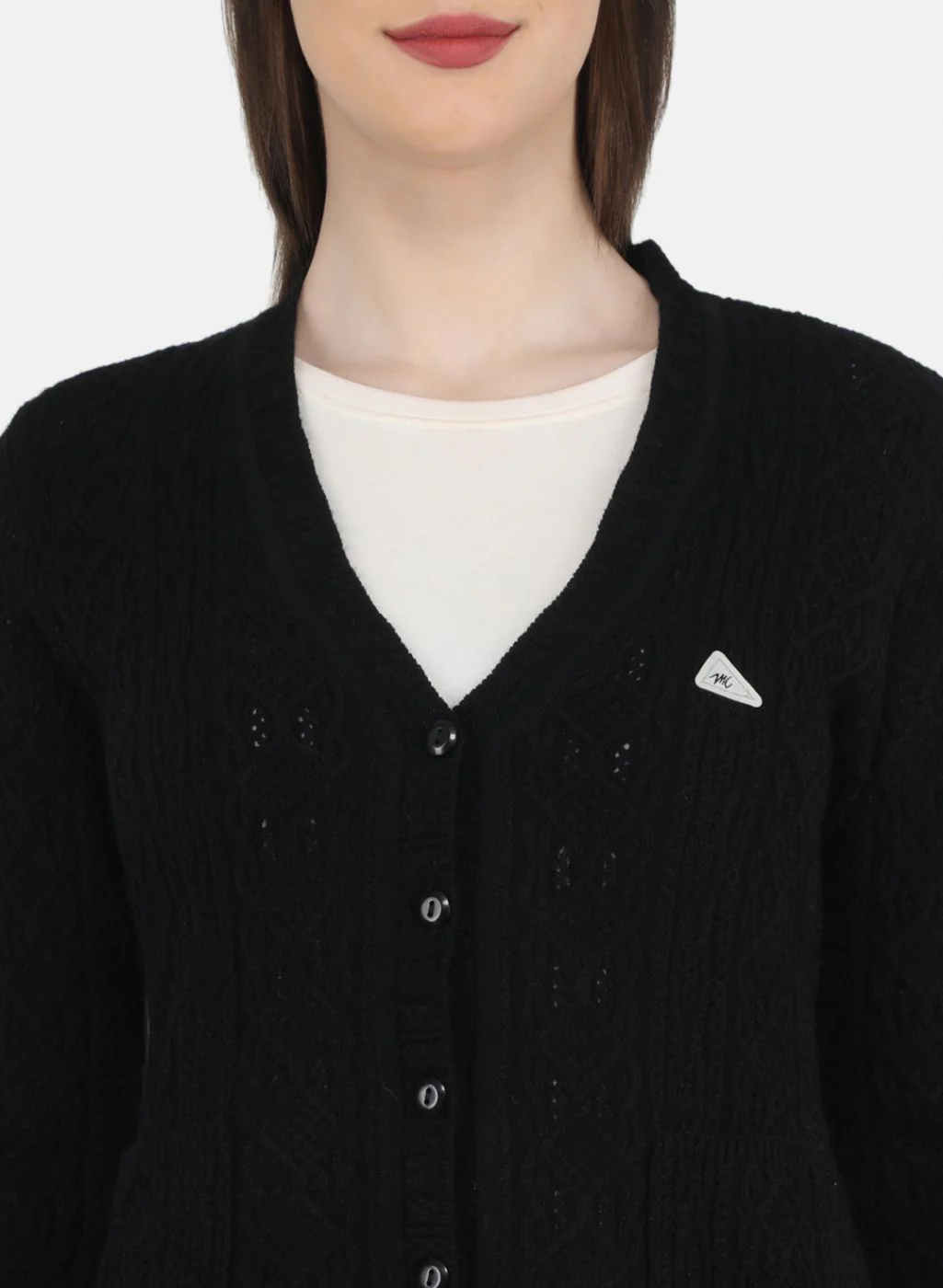 Women Black Self Design Cardigan - Image 5