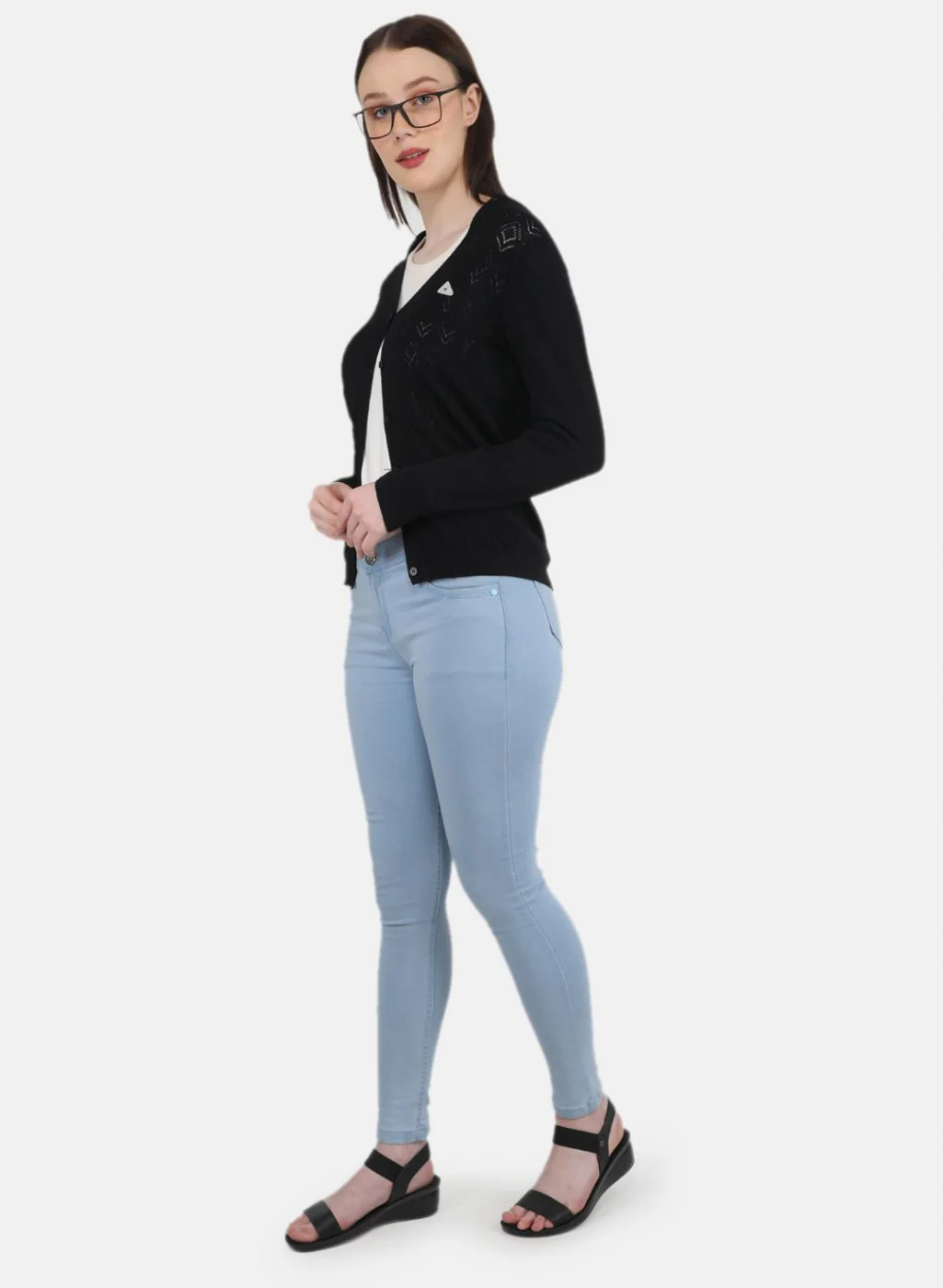 Women Black Self Design Cardigan - Image 4