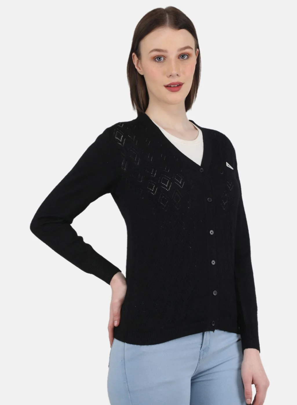 Women Black Self Design Cardigan - Image 6